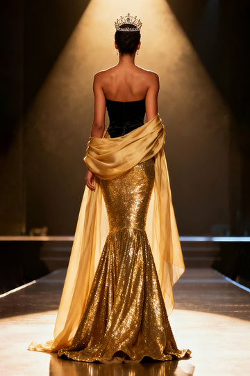 Sparkly Black and Gold Mermaid Sequin Long Pageant Dress with Shawl